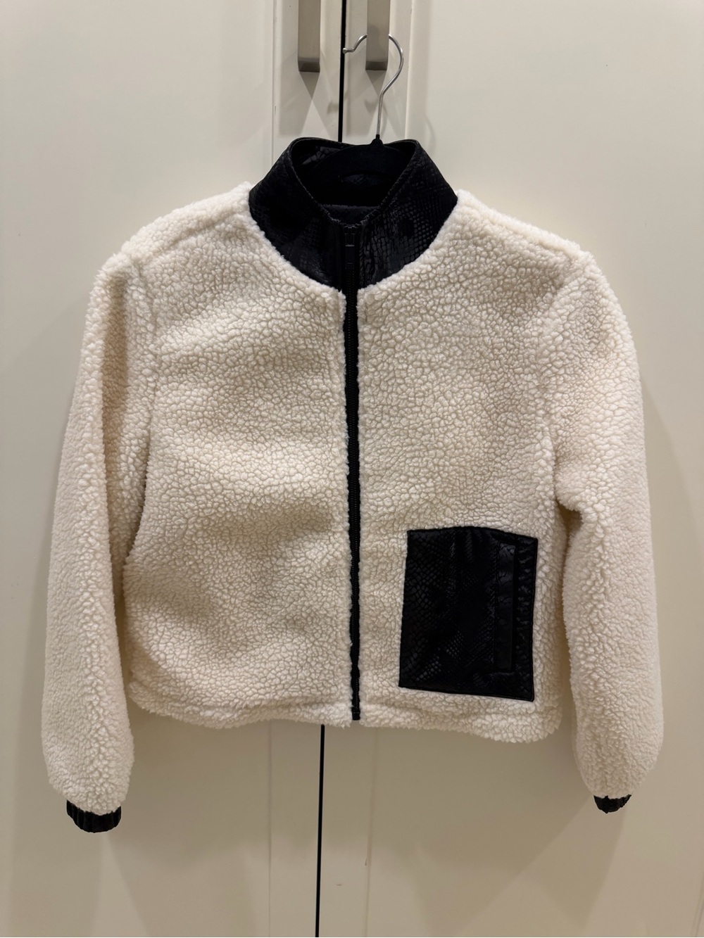 Juicy Couture Ivory Sherpa Bomber Jacket with Snakeskin Black Accents